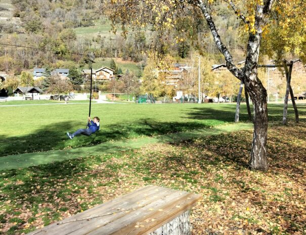 TirolieneUn jeune garçon s’élance sur une tyrolienne dans un parc, entouré de verdure et sous un ciel dégagé.